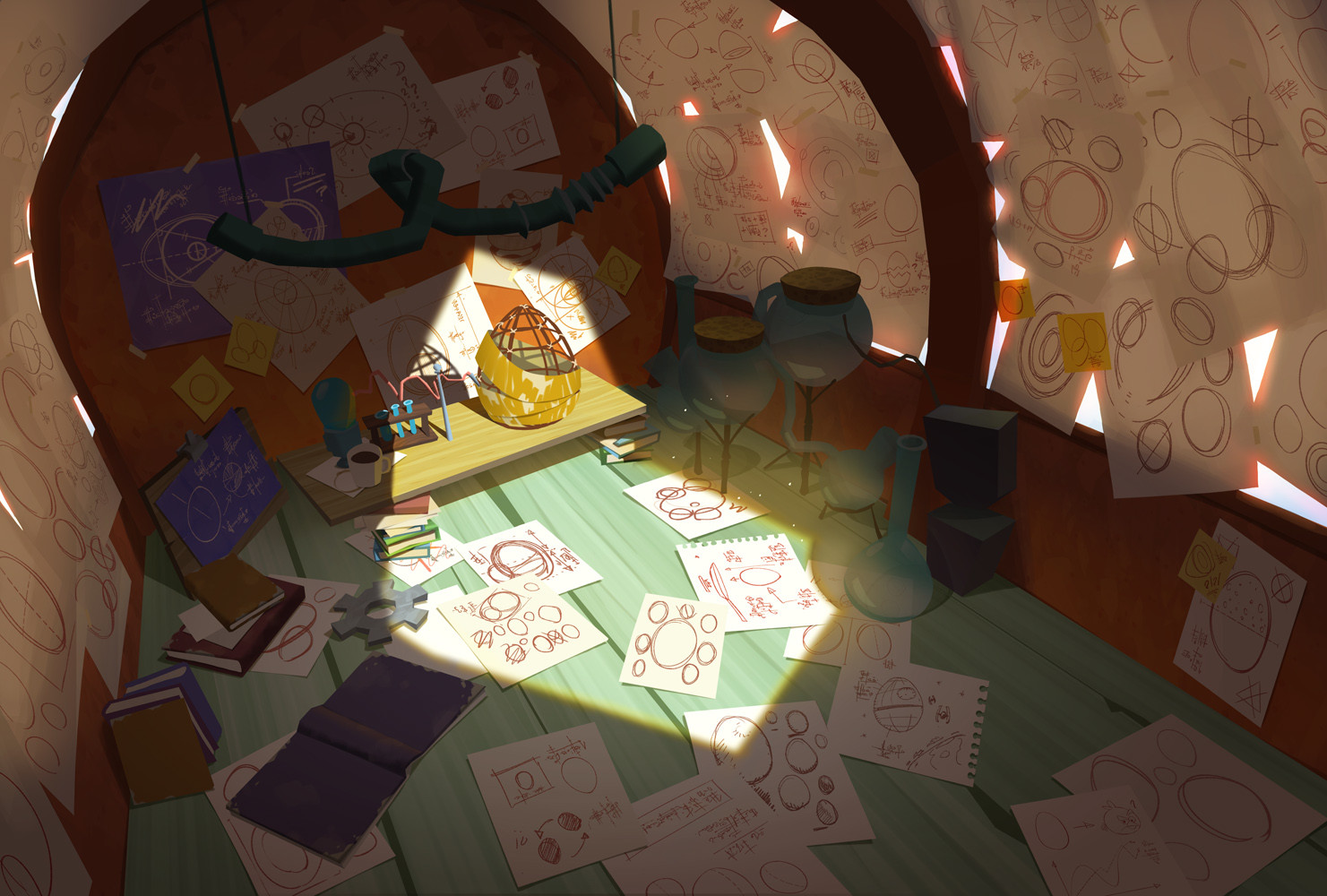 The interior of Dahlia's lab, covered in rough drawings of eggs. A replica golden egg is placed on her desk. The room is lit up by an egg-shaped patch of sunlight.