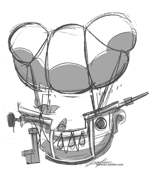 Sketch of Gale's airship. Gale and Handsome Pig's silhouettes can be seen inside the ship.