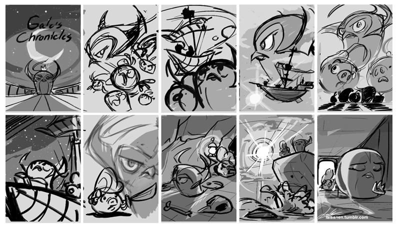 Ten sketches of potential cover art for 'Gale's Chronicles'. In order from left to right, starting from the top row:
Gale on her airship, backlit by the moon. Above her is the title: 'Gale's Chronicles'
Stella's flock flying in the air, looking all angry and stuff. Gale's in the background, also looking all angry and stuff.
Gale and Handsome Pig looking up into the sky, their airship in the background.
Gale piloting her airship. She's also in the background, looking to the left, all angry and stuff.
Silhouettes of the Stella flock. In the background are Gale, Handsome Pig, and a minion pig.
Gale on her airship, looking up into the night sky, holding a book. Handsome Pig can be seen behind her.
Handsome Pig pointing his cutlass towards the right, looking frightened. In the background is Gale, with a particularly mean look on her face.
Gale and Handsome Pig exploring a cave.
Gale and Handsome Pig on a cliff, the ocean below them, and the sun beside them.
Gale in what is presumably her room, holding her crown, with a look of sorrow. Handsome Pig can be seen behind her, looking worried.
