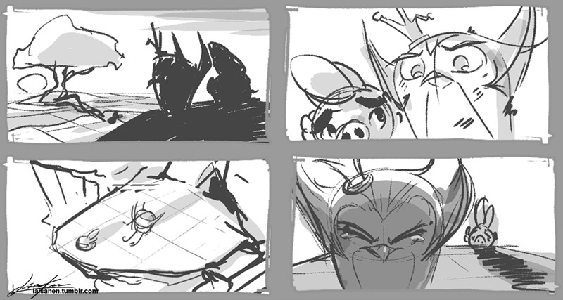 A rought comic with 4 panels. 
In the first, silhouettes of Gale and Handsome Pig are on a cliff, looking at the massive mangrove tree where Stella's flock resides.
In the second, we get a front view of Gale and Handsome Pig, the former covered in bruises, the latter worrying about her.
In the third, we get a overhead view of Gale and Handsome Pig. Gale is returning to a cave.
In the fourth, Gale is crying. Handsome Pig is behind her, looking worried(I assume he is, his design is very simple here).
