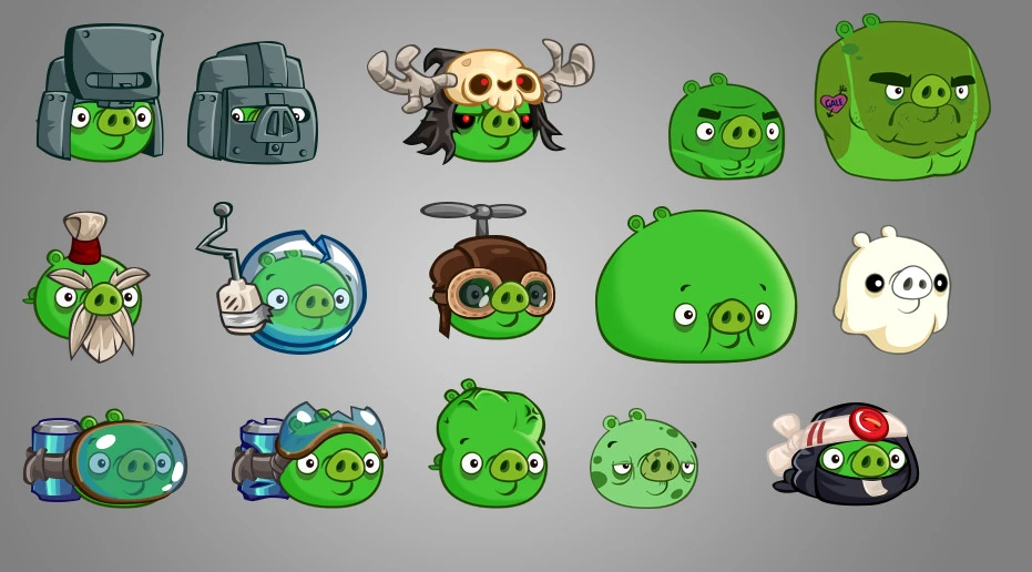 A whole collage of piggies on a grey background. from left to right, top to bottom:
A pig in an iron suit, with his mask lifted up.
Same as above, but with his mask down.
A creepier looking Necro Pig, with a real skull for a mask, and dark eyes.
A Muscular square pig.
A bigger Muscular square pig, with a tanline and a tattoo of a heart with the words 'Gale' in it.
A sensei pig.
A pig in an astronaut helmet.
A pig in an aviator hat with a propeller strapped on it.
A fat pig.
A ghost pig.
A pig with a can of soda on his back.
Same as above, but with his mask lifted up.
A pig with a big brain.
A sick pig.
A ninja pig.