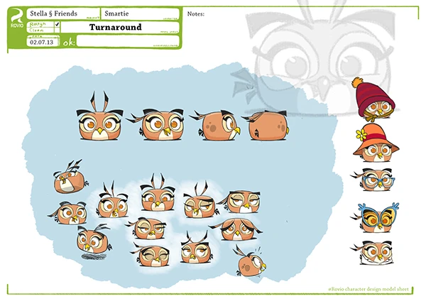 Concept art for Dahlia's turnaround, expressions, and costumes. She is reffered to as 'Smartie' 
