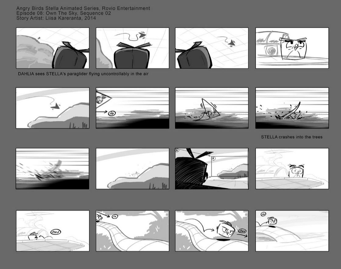 A storyboard of 'Own The Sky' from Angry Birds Stella Toons
-DAHLIA sees STELLA's paraglider flying uncontrollably
-STELLA crashes into the trees