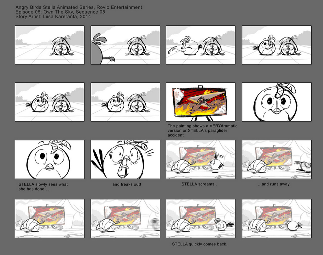 A storyboard of 'Own The Sky' from Angry Birds Stella Toons
-The painting shows a VERY dramatic version of STELLA's paraglider accident
-STELLA slowly sees what she has done...
-and freaks out!
-STELLA screams..
-...and runs away
-STELLA quickly come back..