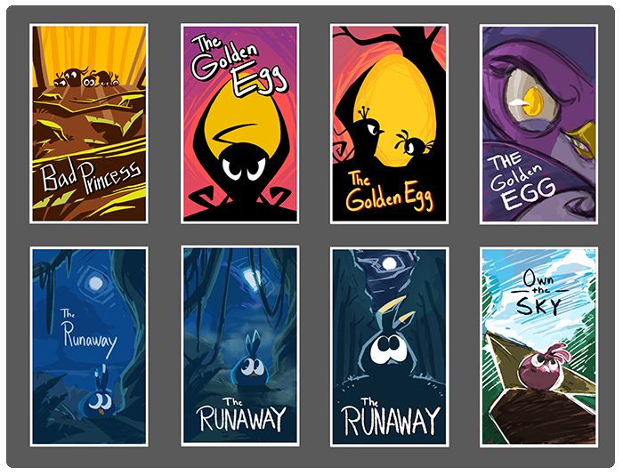 Eight concept art for Angry Birds Stella Toons' Season 1 titlecards. From left to right, starting from the first row:
Bad Princess. The Stella flock, backlit by the sun, looking at a wrecked forest.
The Golden Egg. A silhouette of Gale is in the foreground, her cape outlining a Golden Egg.
The Golden Egg. Silhouettes of Gale and Stella are glaring at each other. Gale's cape, and the tree behind Stella are outlining a Golden Egg.
The Golden Egg. A closeup of Gale's face, with an evil grin. A golden egg is in place of her iris.
The Runaway. Luca in the wild, outlit by the moon. The mangrove tree where Stella's flock resides can be seen in the background.
Same as above, but with slightly different composition.
The Runaway. Luca in a forest, backlit by the moon.
Own The Sky. Stella standing on a cliff, with a hang glider on her back.