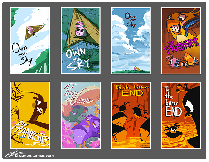 Eight concept art for Angry Birds Stella Toons' Season 1 titlecards. From left to right, starting from the first row:
Own The Sky. Stella hang gliding in the air.
Own The Sky. Stella hang gliding in the air, this time closer to the camera.
Own Your Sky. Stella on the ground, with a hang glider on her back. The focus is on the sky.
The Prankster. A devious looking Poppy with a bucket of paint in her non-existent hands, looming over her friends.
The Prankster. Poppy looking at the viewer with a devious grin.
Piggy Love. Handsome Pig and Gale posing romantically in a field of roses.
To The Bitter End. Stella and Gale inside a volcano. Gale is jumping towards Stella.
To The Bitter End. Stella and Gale inside a volcano. Gale is on a rock above Stella, who is inches above lava. They are glaring at each other.
