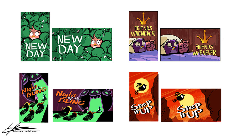 Four concept art for Angry Birds Stella Toons' Season 2 titlecards, each with a vertical and a horizontal version. From left to right, starting from the first row:
New Day. Stella trapped within a pile of pigs.
Friends Whenenver. Stella and a bandaged Gale sitting on a bed. Stella is smiling, while Gale is grinning deviously at the title.
Night Of The Bling. The Stella flock standing in front of a mysterious monument with a glowing doorway. Their shadows are in the shape of pigs.
Step It Up. Stella jumping between two cliffs during dusk, wearing a headband.