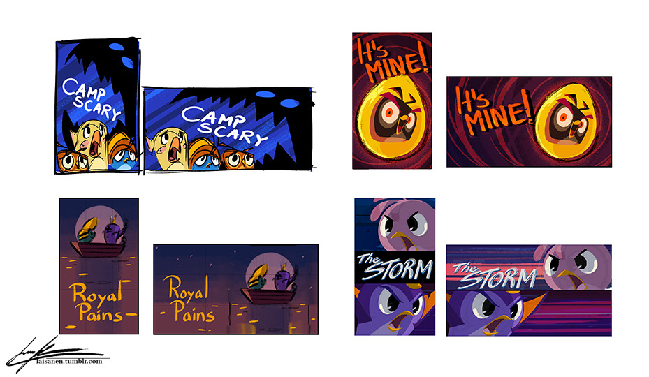 Four concept art for Angry Birds Stella Toons' Season 2 titlecards, each with a vertical and a horizontal version. From left to right, starting from the first row:
Camp Scary. Poppy, Willow, Dahlia looking scared, with the shadow of a monster looming over them.
It's Mine! Dahlia looking mad, inside a Golden Egg.
Royal Pains. Gale and Handsome Pig sitting on a boat, the moon rising behind them.
The Storm. Stella and Gale screaming at each other.