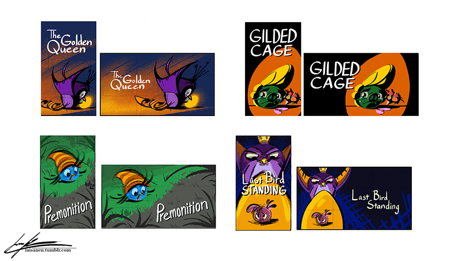 Four concept art for Angry Birds Stella Toons' Season 2 titlecards, each with a vertical and a horizontal version. From left to right, starting from the first row:
The Golden Queen. Gale, with her back facing the camera, looking at the viewer with a sinister smile. In her non-existent hands is the Golden Egg.
Gilded Cage. Handsome Pig holding a boquete, looking all sad, lit up by an egg-shaped spotlight.
Premonition. Willow shocked at a patch of grass turning to stone.
Last Bird Standing. Gale looming over the Golden Egg, with Stella inside it.