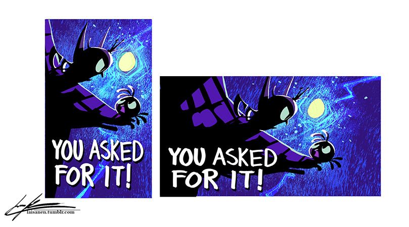 A concept art for the titlecard of 'You Asked For It!' from Angry Birds Stella toons, with a vertical and a horizontal version.
Stella and Gale are battling on the roof of a tower. Stella is standing on the very edge of the roof, whilst Gale is threatening her with the Golden Egg. An epic storm is happening in the background.