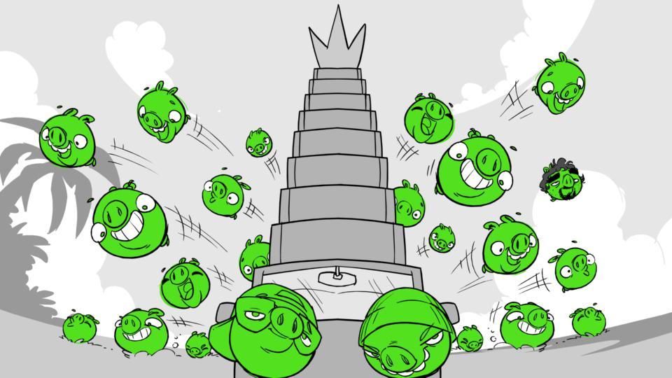 A bunch of pigs come flying into the scene as two cool-looking pigs brings in Gale's mobile-throne. One of the pigs in the background is Eric Humiston as a pig.