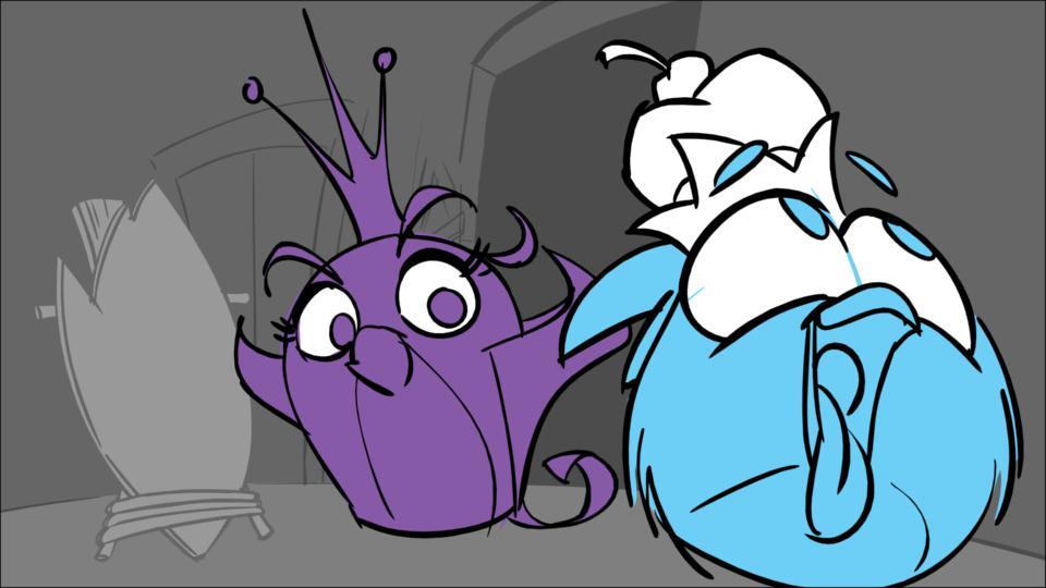 A sketch of Luca with a cupcake on his head imitating a crown, with Gale behind him.