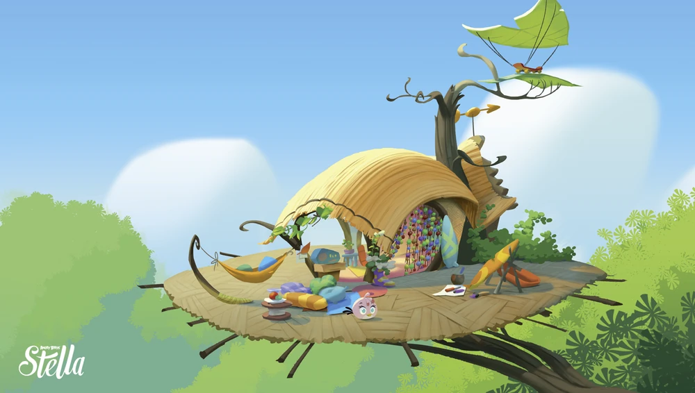 Stella's treehouse: a hut with an open back and a thatch roof. A hammock, a pile of pillows, a radio, some surfboards, and a hang glider-skateboard thing can be seen.