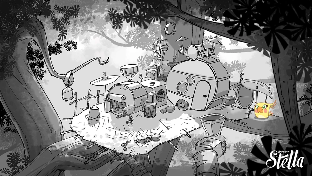 Poppy's treehouse, which is fashioned from a comically large drumset.