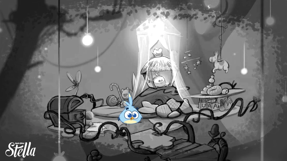Luca's treehouse: a small hut covered by a tent, with various toys strewn about.