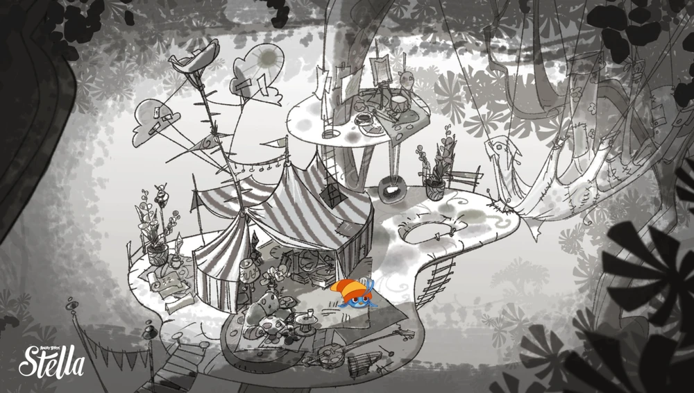 Willow's treehouse. A massive tent with a tire swing, and various art supplies on a platform above it.