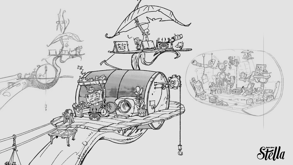 Dahlia's lab, which is fashioned from a massive barrel, with a washing machine for a door. A box of tools, a clock with a thermometer on top, various blueprints, a hook mechanism, and a trough of plants can be seen around the lab. There is an observatory on the second floor.