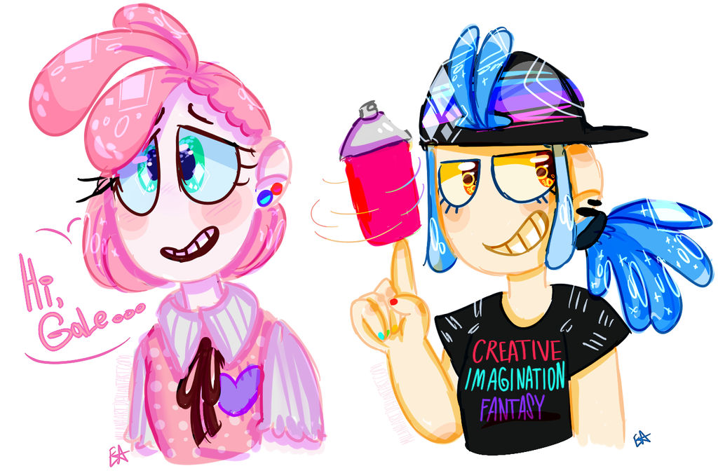 A shy looking human Stella saying 'Hi, Gale...', next to a more confident looking human Willow, wearing a backwards baseball cap, with a spraypaint can in her hand.