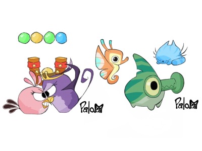 Stella and Gale facing off. In the background is a slingshot, along with 4 different coloured balls. To their right are 3 doodles of the Angry Birds Stella Critters: A Butterhorse(Butterfly-Seahorse hybrid), A Shark-Puppy, and a blue cat.