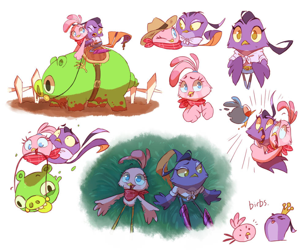 Assorted doodles of Stella and Gale from Agri Birds, including:
    -Stella and Gale riding a giant pig with a saddle on its back over a patch of mud. Gale got mud on her tail, which disgusts her. 
    -Stella and Gale in their classic designs. Stella is wearing a cowboy hat and a bandana, whilst Gale is wearing a shirt that's tied up in the middle (I don't know the term for this kind of shirt)
    -Gale standing, looking mildly confused.
    -Stella looking to the side, sheepishly touching her index fingers together.
    -Stella and Gale getting jumpscared by one of the blue birds.
    -Stella and Gale riding on a pig, this time in the classic designs. The pig's going wild; Stella's having the time of her life, while Gale is holding on for dear life.
    -Stella and Gale on a field at night. Stella is lying down, smiling at the sky, whilst Gale is sitting up, looking worried.
    -Very simplified versions of Stella and Gale's classic designs, with text above them: 'birbs.'
