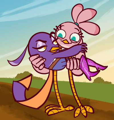 Stella princess-carrying Gale, both in their Agri Birds designs.