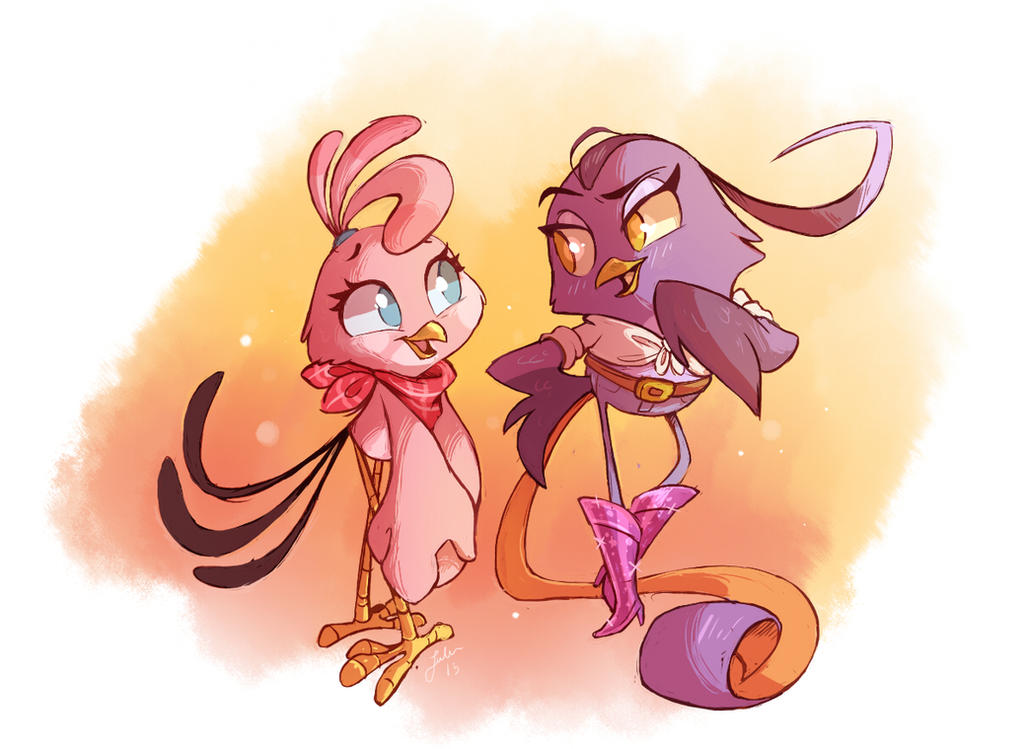 Stella and Gale from Agri Birds (Although AgriBirds!Stella has a torso in this drawing) looking at each other. They seem to be striking up a conversation.