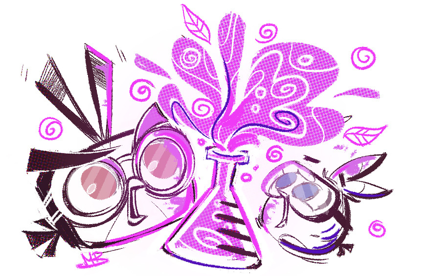 Dahlia and Luca messing around with a flask of dubious neon pink liquid, which is erupting out of the bottle.