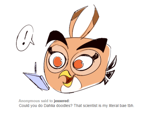 Dahlia sketching on a notebook, with an anonymous Tumblr Ask below her: 'Could you do Dahlia doodles? That scientist is my literal bae tbh.'