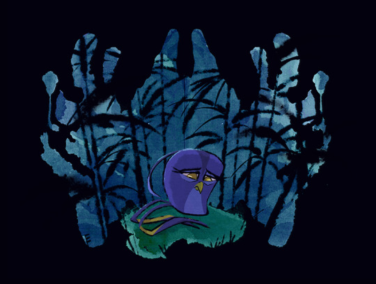 Gale, standing alone in a forest, looking all sad. The background appears to have an inkblot-like shape.