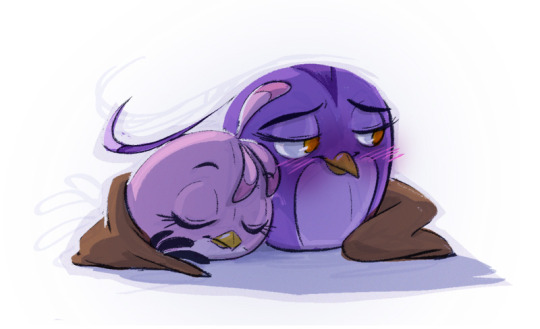 Gale and Stella wrapped up in a blanket. Gale's looking to the side, blushing.