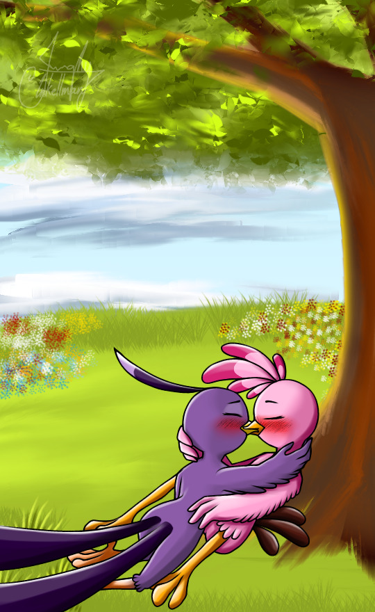 Stella and Gale kissing under a tree.
