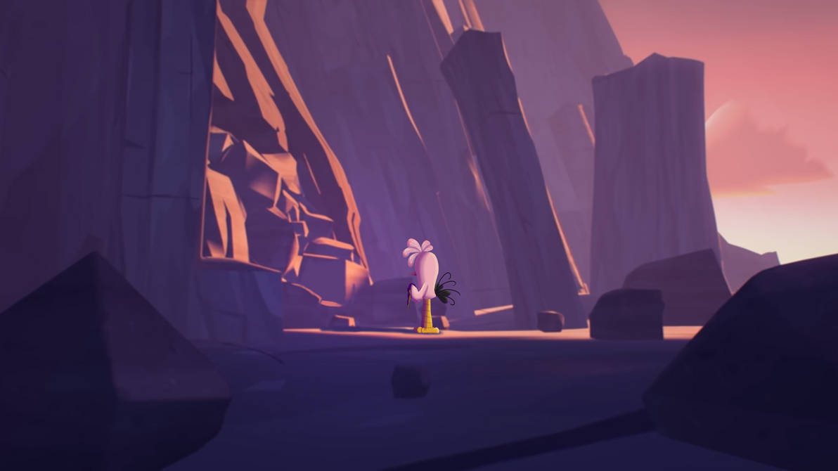An edit of a screenshot of 'New Day' from Angry Birds Stella Toons. Stella standing in front of a caved-in entrance at the volcano, holding a purple scrap of cloth.