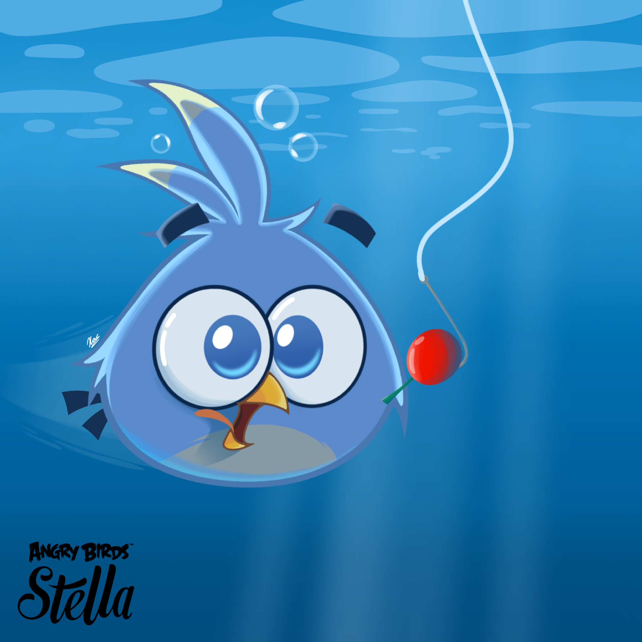 Luca underwater, swimming towards a cherry on a fishing hook, imitating the Nirvana 'Nevermind' cover.
