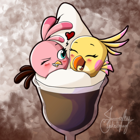 Stella and Poppy sitting on a cup of ice cream. Stella's winking at Poppy, a heart icon emiting out of her.