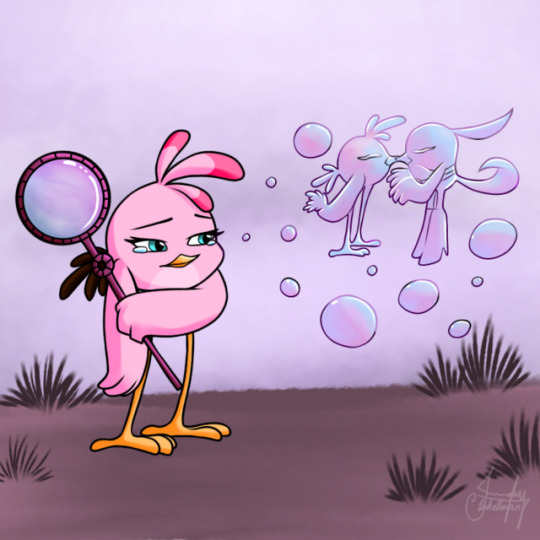 Stella looking sadly at a few bubbles she blew, some of which are in the shape of her and Gale kissing.