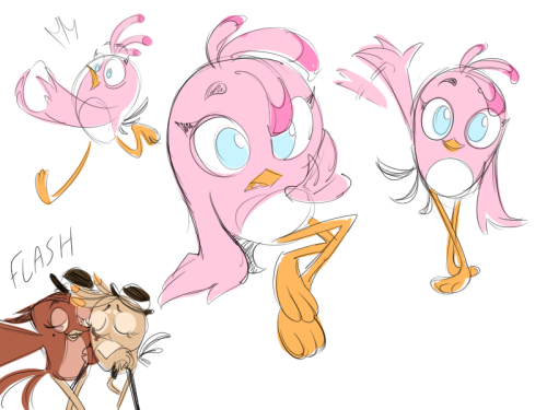 Assorted doodles of Stella (and one featuring Gale) from the Angry Birds Movie. Includes:
    -Stella running with an egg in her hands.
    -Stella sitting down.
    -Stella waving towards the viewer.
    -Stella and Gale, wearing bowler hats, posing for a sepia-toned selfie.