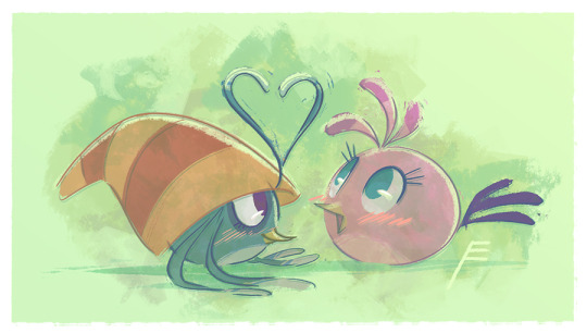 Stella and Willow hanging out. Willow is making a heart gesture towards Stella using the feathers on her head.