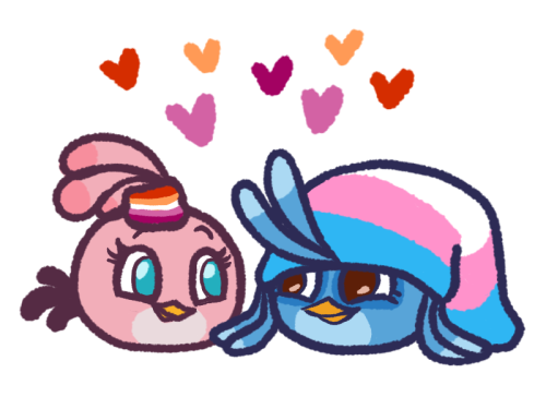 Stella and Willow, looking at each other lovingly. Willow's hat has the trans flag pattern here, whilst Stella's hairtie has the lesbian flag pattern.