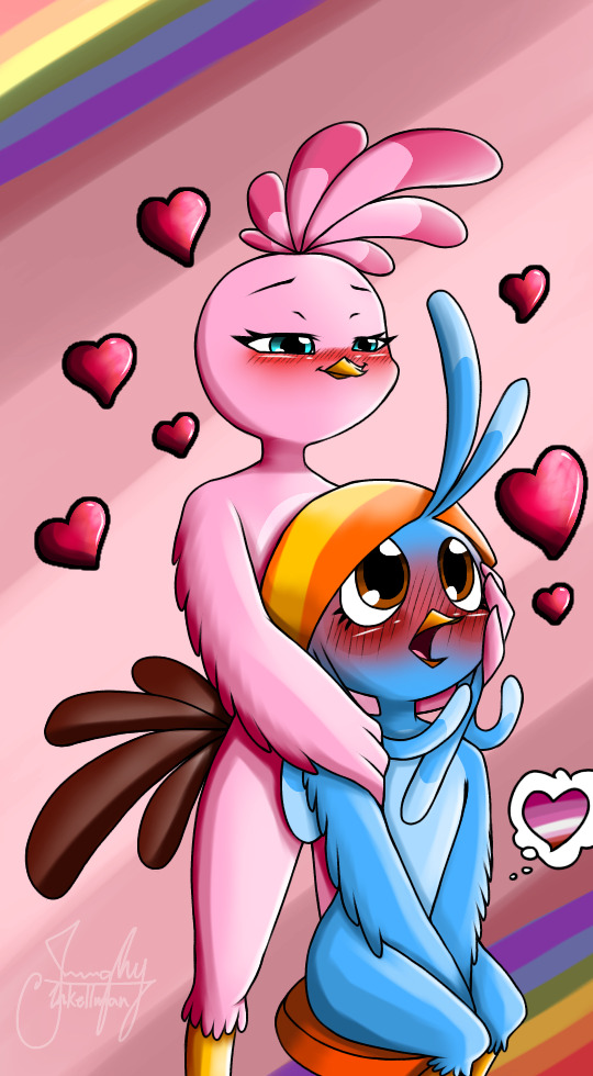 Stella caressing Willow from behind. Willow's face is entirely red. Multiple hearts are in the background.
