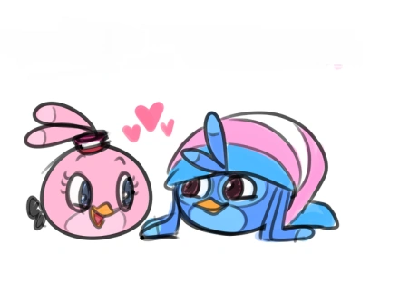 Stella and Willow, looking at each other lovingly. Willow's hat has the trans flag pattern here.