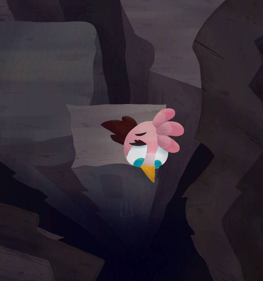 Stella standing on a stone pillar over a ravine, peering down into the dark abyss below.