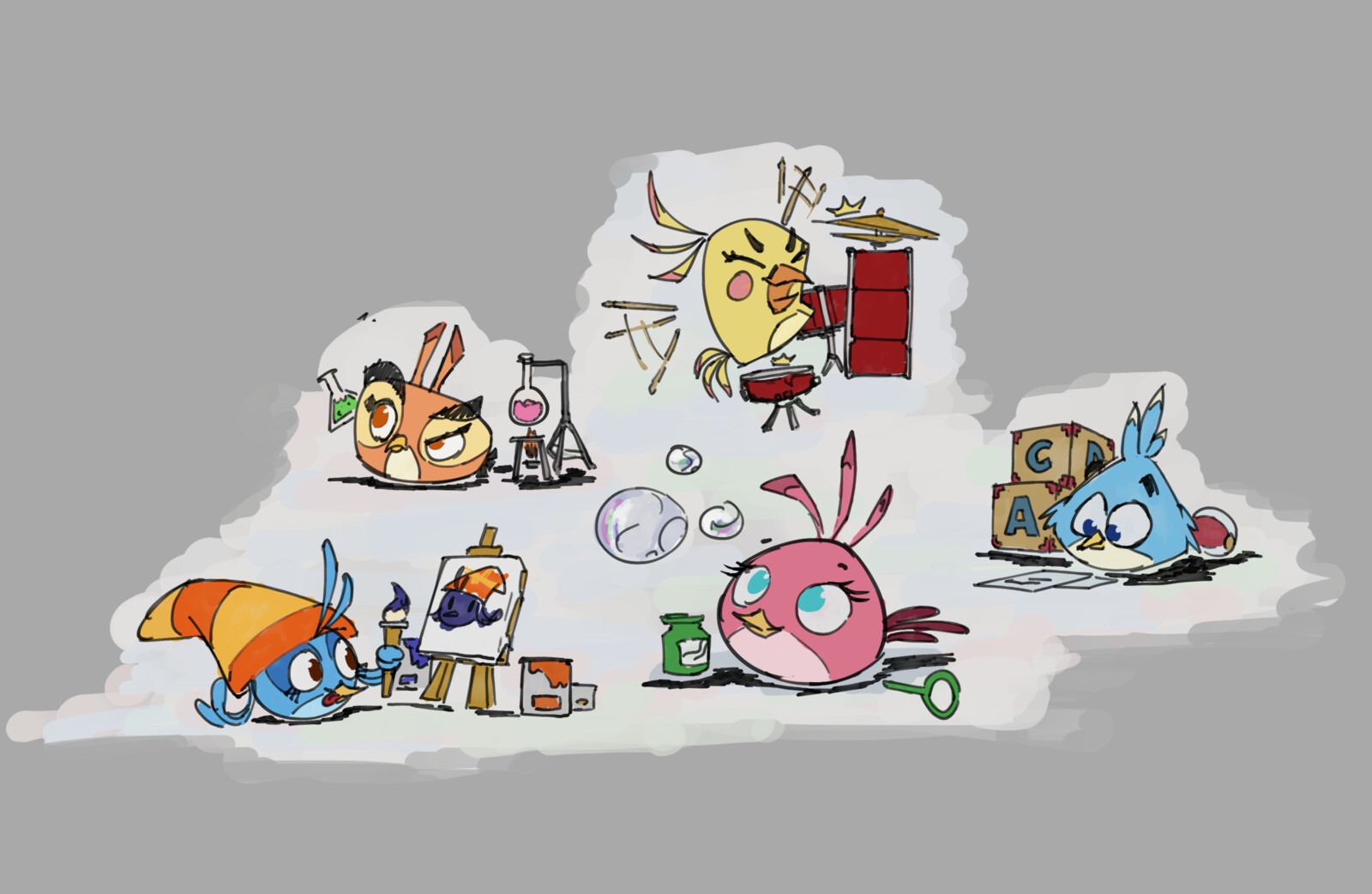 Drawings of the Angry Birds Stella flock, including:
    -Poppy going wild on some drums.
    -Dahlia inspecting a flask of green stuff, whilst heating up a flask of pink stuff.
    -Luca reading some notes, standing next to two playing blocks.
    -Willow painting a self-portrait.
    -Stella blowing bubbles.
