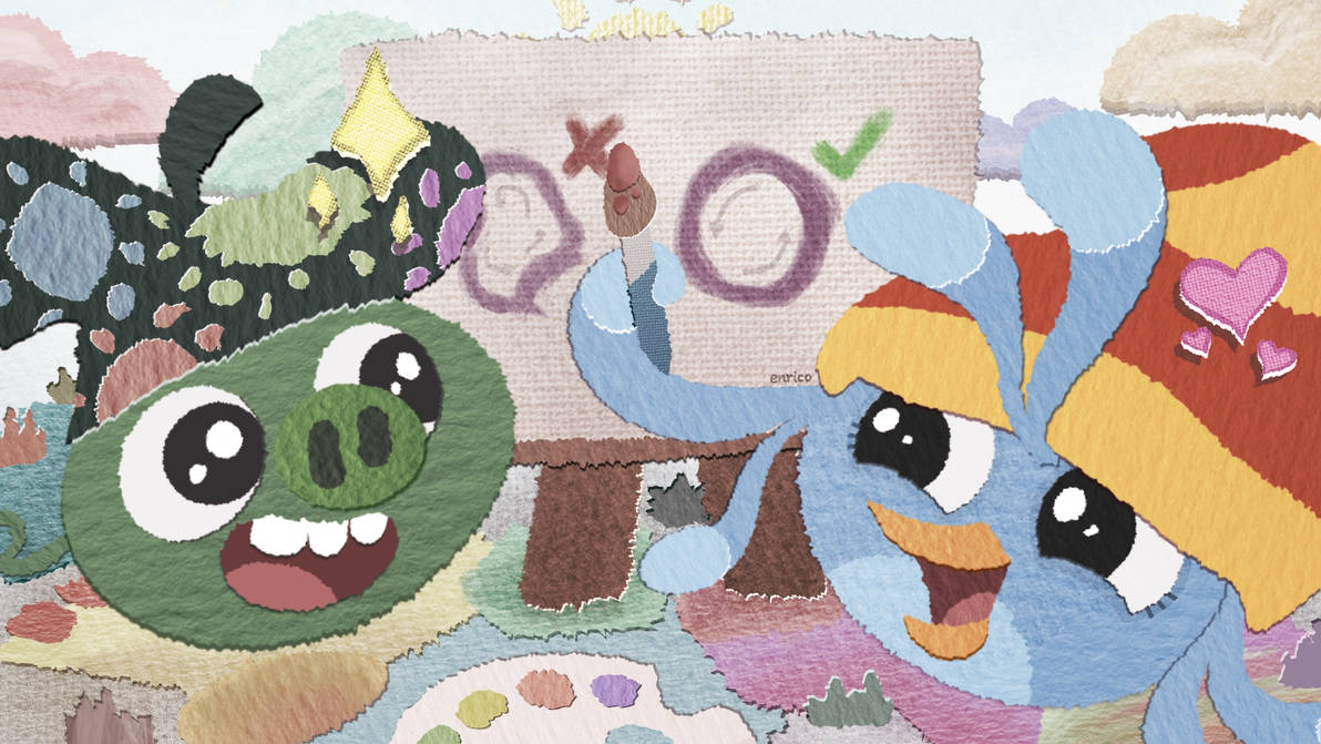 A papercraft-esque picture of Artist Pig and Willow.