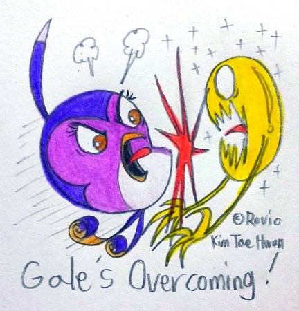 A colour pencil drawing of Gale fighting the Golden Egg, which now has claws and a face.