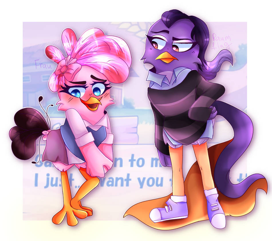 Stella and Gale in their Movie designs, standing next to each other. Stella's wearing a pink bow, a white shirt with a purple vest on top, and a pink dress; Whilst Gale's wearing a blue-ish shirt with a black striped sweater on top. Gale's befuddled by Stella's sheepishness. In the background is a screenshot of the Agri Birds April Fools trailer.