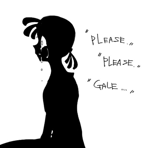 A black silhouette of human Stella on a white background. Stella is crying, saying: 'Please. Please. Gale...'