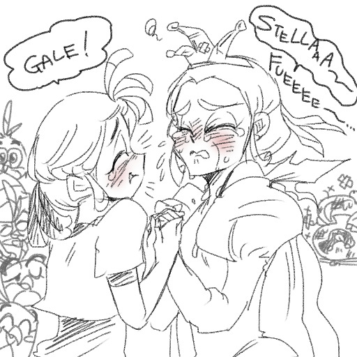 Stella and Gale finally reuniting. Both are crying. Two speech bubbles are present, the one above Stella reads: 'Gale!', and the one above Gale reads: 'Stellaaa~'. Below Gale's speech bubble is 'Fueeee~'. In the background, Stella's friends are cheering, while Handsome Pig got his ass kicked.