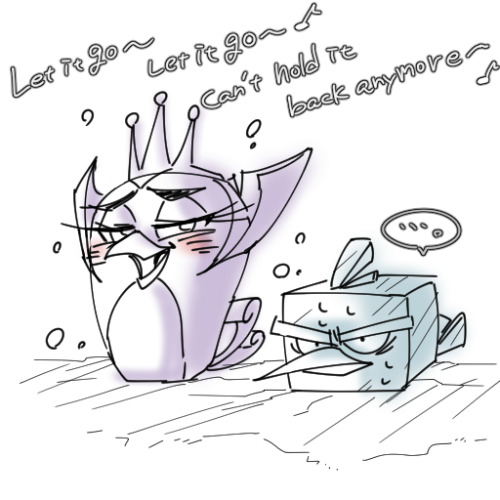 Gale and Ice Bird standing in the snow. Gale is singing: 'Let it go~ Let it go~ Can't hold it back anymore~'.
    Ice Bird is not amused.