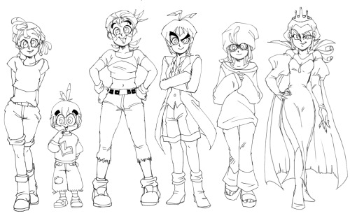 Black and white sketches of human designs of Stella, Luca, Poppy, Willow, and Gale.