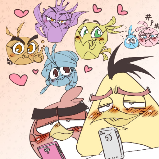 Red and Chuck looking at their phones, blushing at the new-comers Dahlia, Gale, Poppy, and Willow. Luca and Stella are in the background, the former confused, and the latter annoyed.